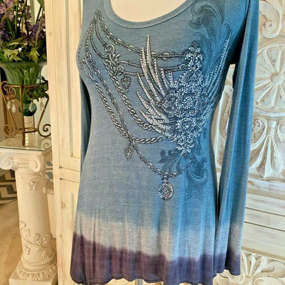 MINT Vocal Tie Dye Rhinestone Angel Wings Teal Tunic Dress Shirt Top Sz M
